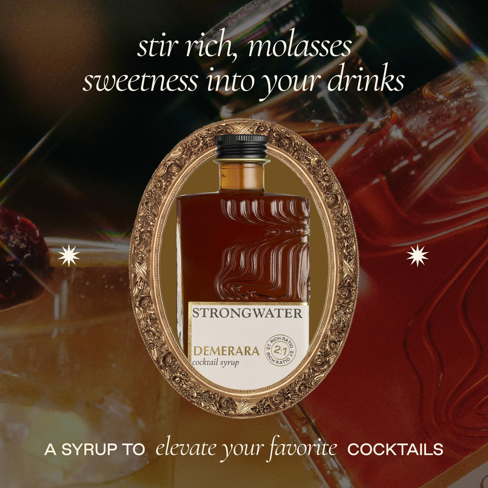 Strongwater syrup bottle label highlights premium US-made ingredients.