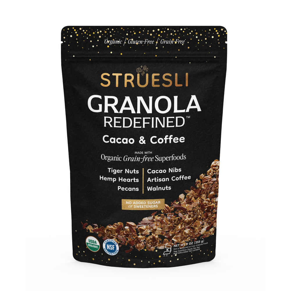 Struesli Cacao + Coffee granola bowl with yogurt for a quick healthy breakfast.