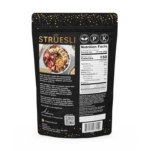 Struesli cacao-coffee granola being poured over fruit for a crunchy snack.