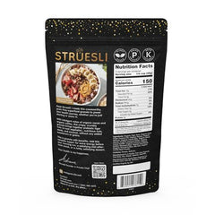 Struesli cacao-coffee granola being poured over fruit for a crunchy snack.