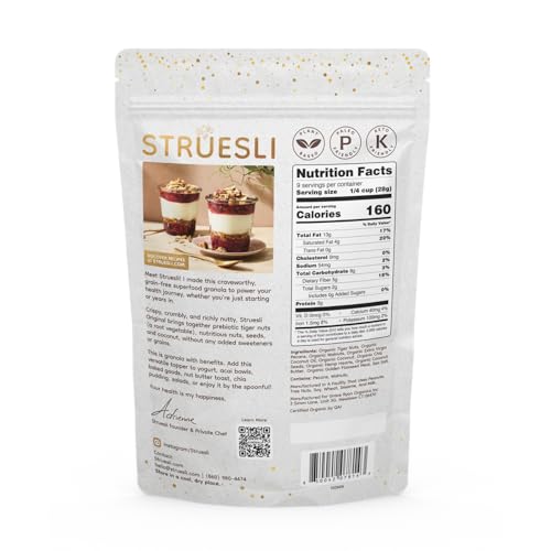 Struesli Original granola chia seeds mix emphasizes texture and plant protein benefits.