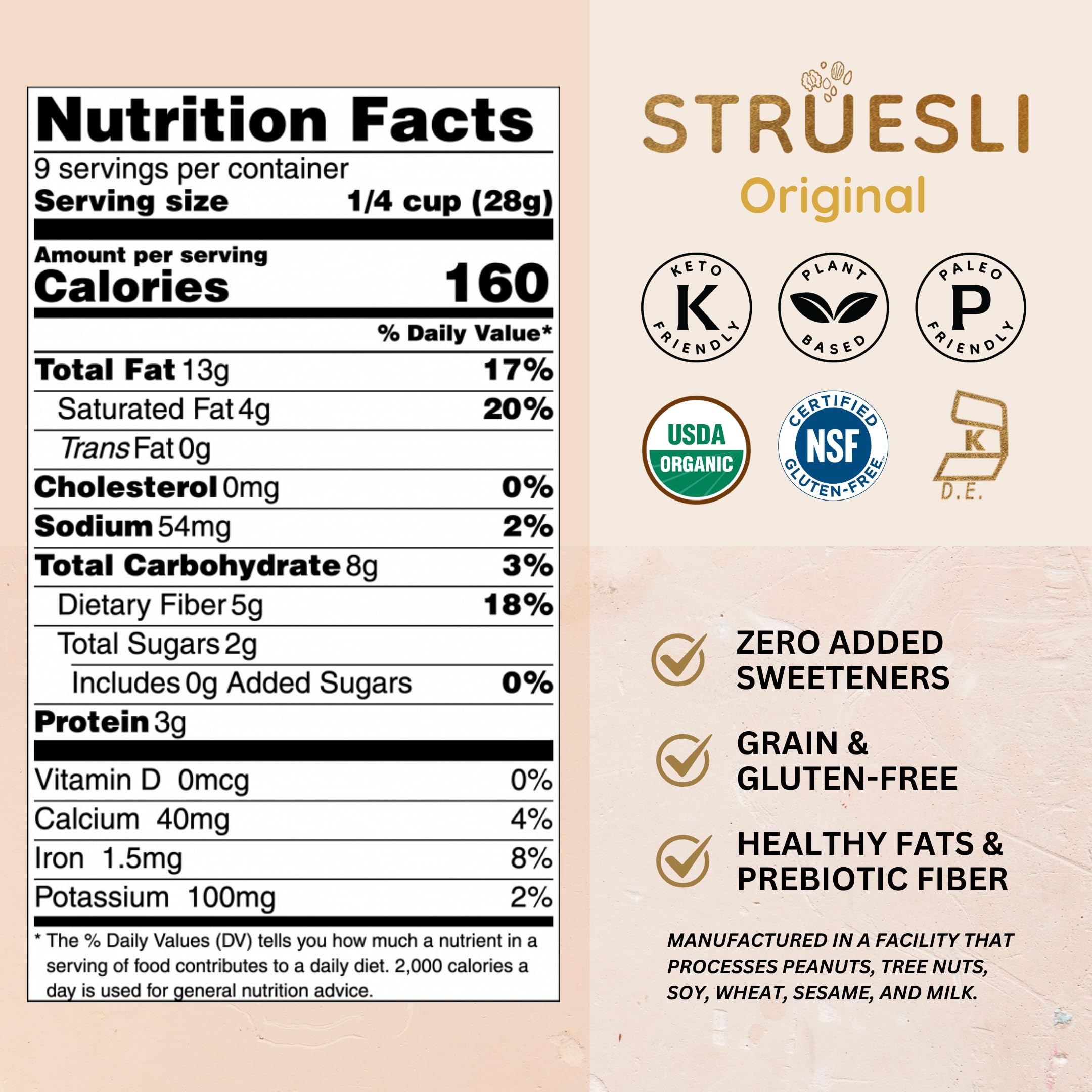Struesli Original Granola closeup crumbs emphasize tiger nut sweetness.