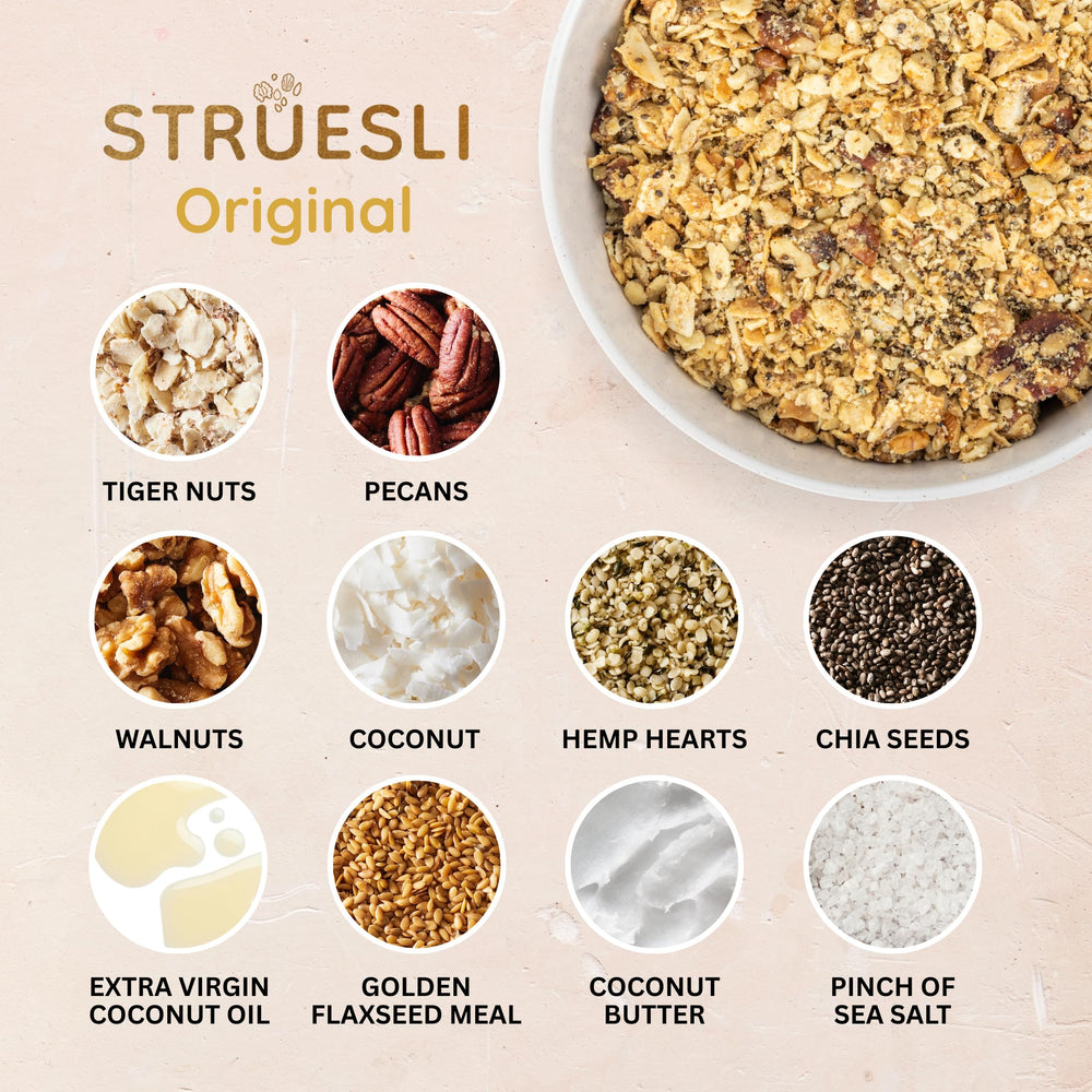 Struesli Original granola in bowl with fruit demonstrates versatile breakfast and snack.