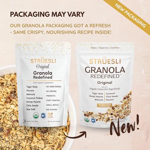 Struesli Original Granola serving scoop demonstrates versatile topping option.
