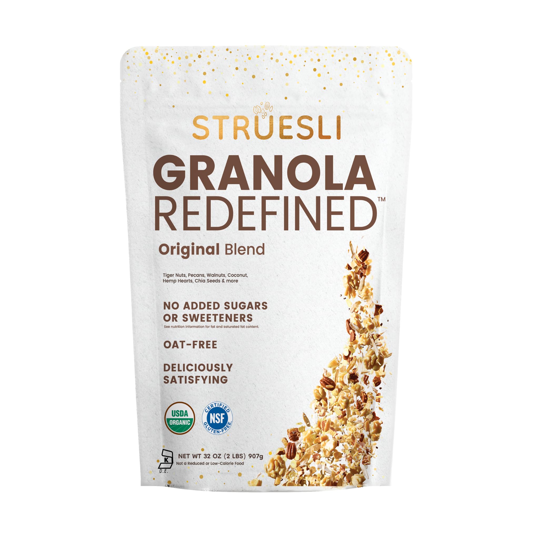 Struesli Original Granola with tiger nuts and chia seeds in a bowl, ideal for a protein-rich breakfast.