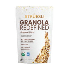 Struesli Original Granola with tiger nuts and chia seeds in a bowl, ideal for a protein-rich breakfast.
