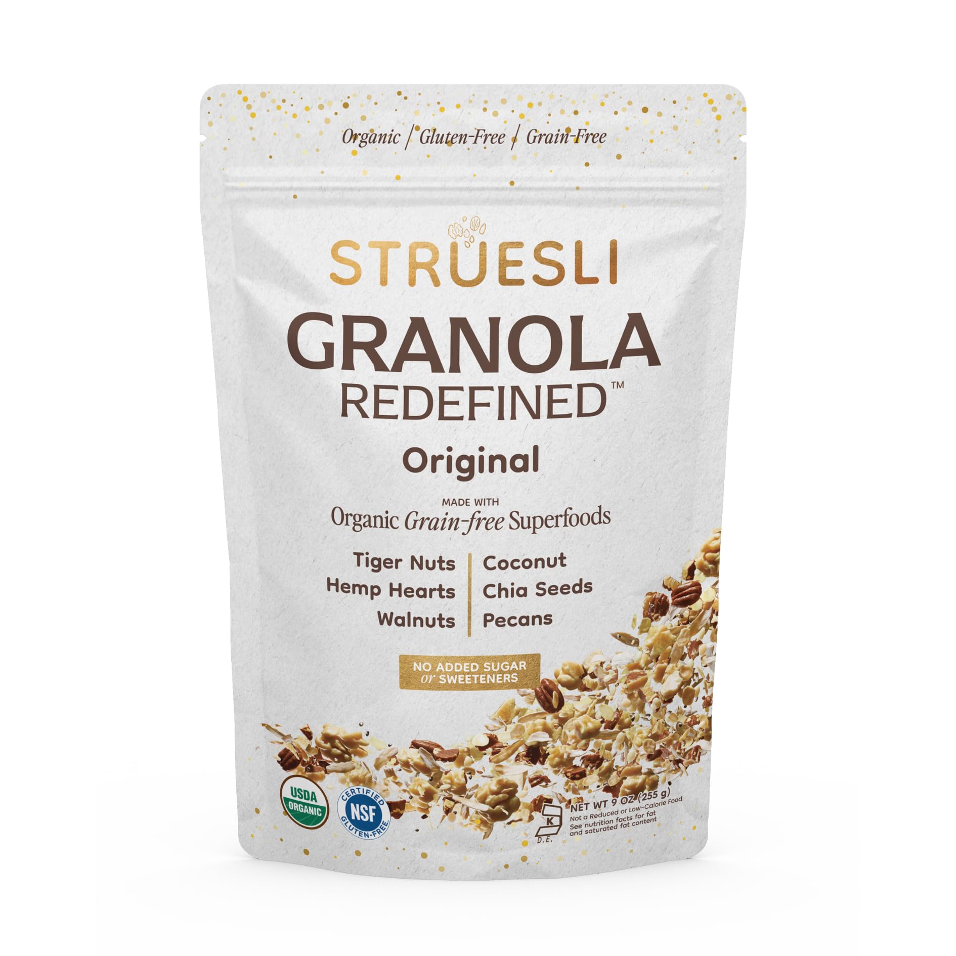 Struesli Original granola tiger nuts close-up highlights fiber rich crunch for snacking.