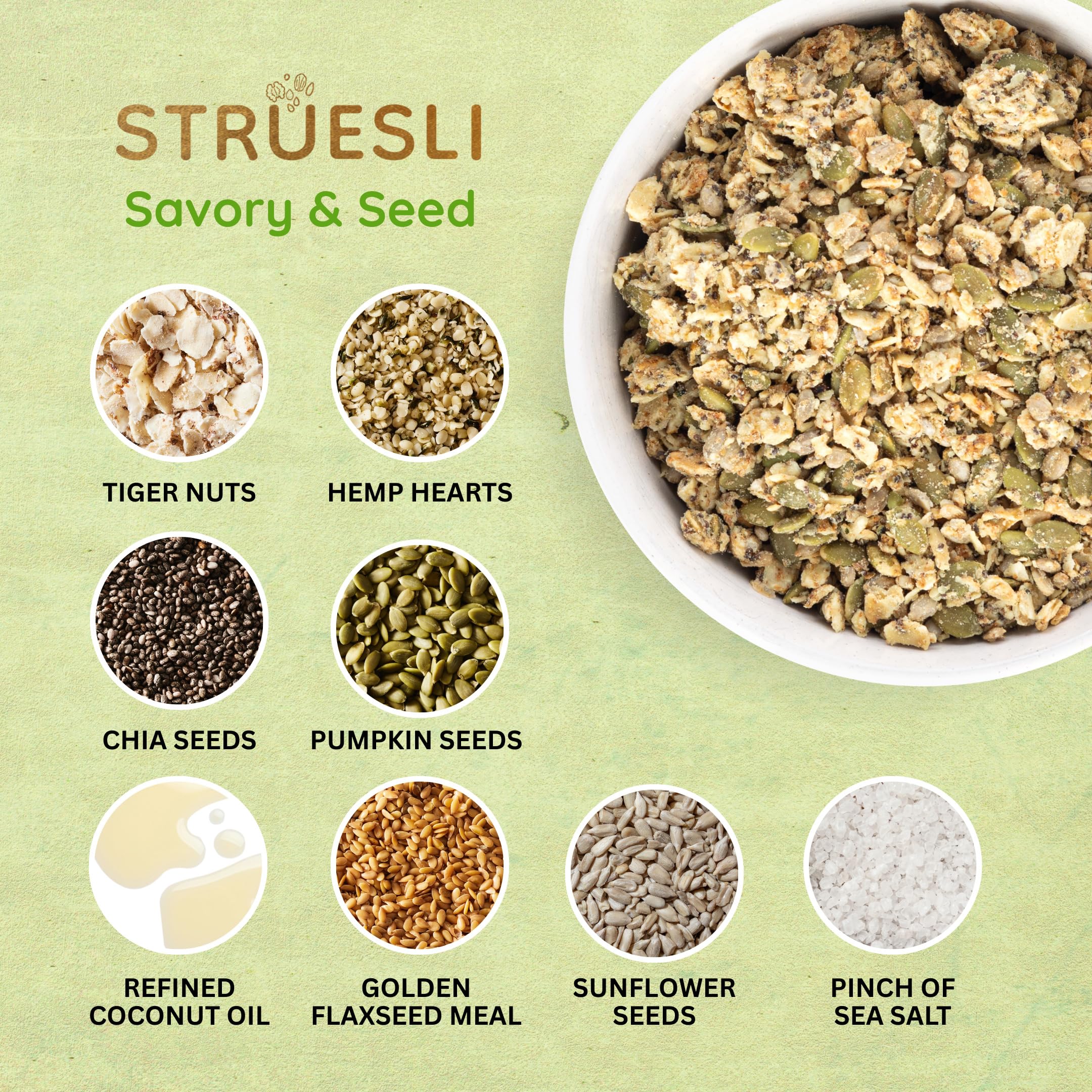 Struesli Savory + Seed Granola flax-hemp-chia mix close-up for seed-forward nutrition.