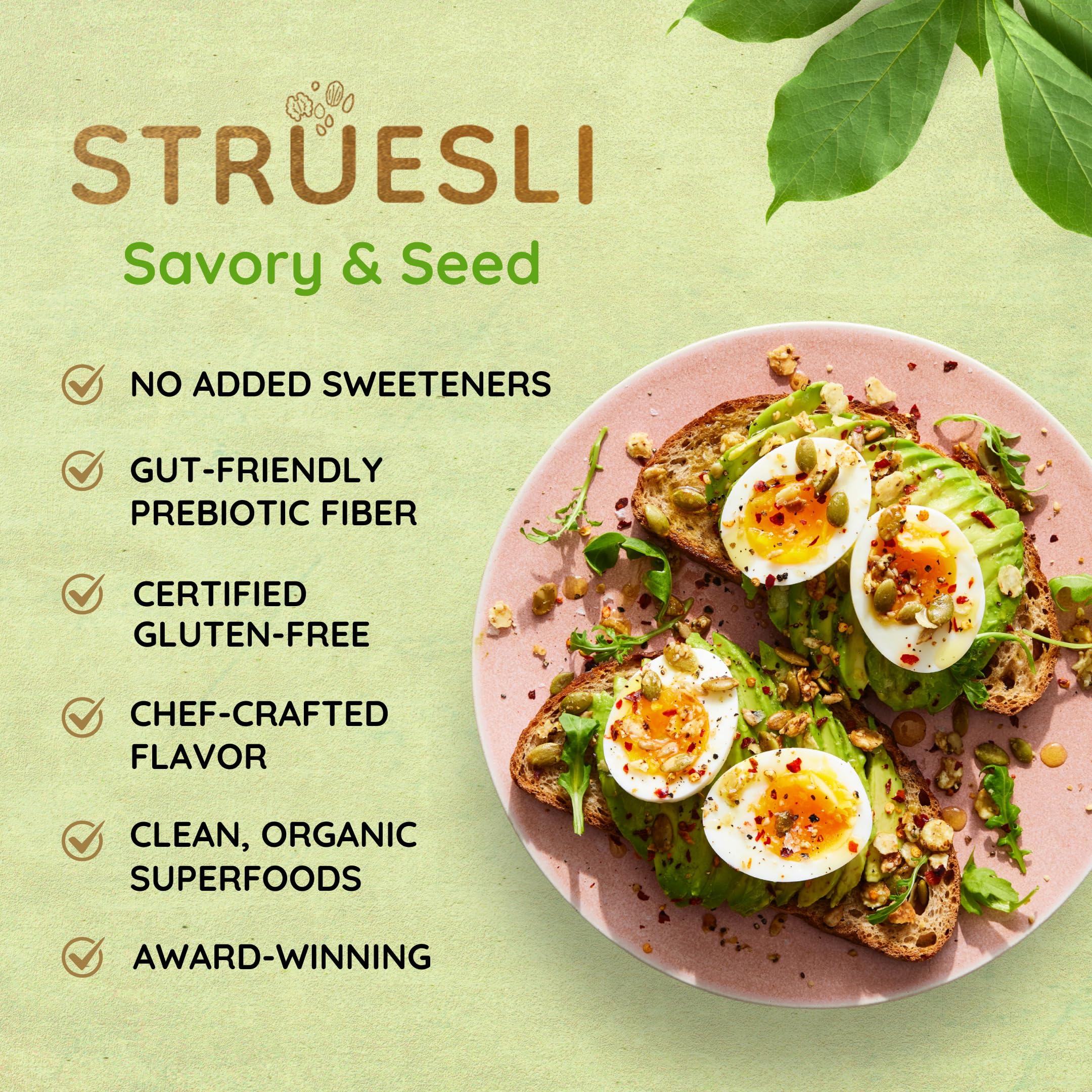 Struesli Savory + Seed Granola pumpkin seeds close-up for crunchy texture.