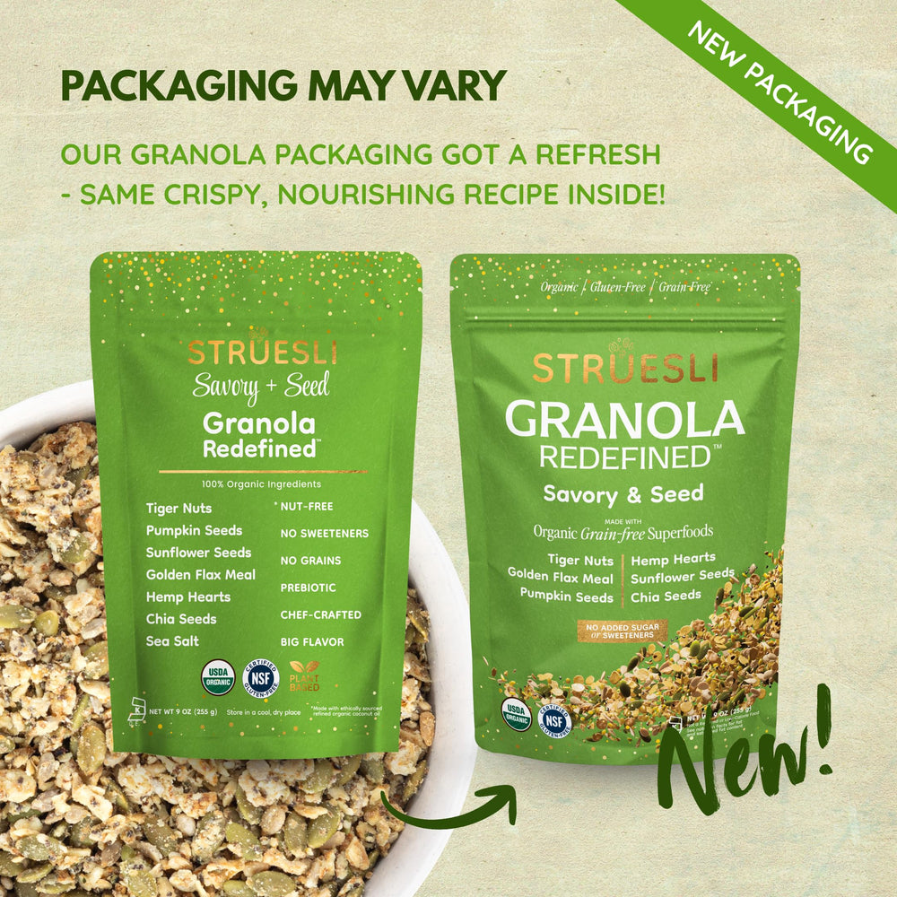 Struesli Savory + Seed Granola sprinkled on salad—versatile flavor enhancer.
