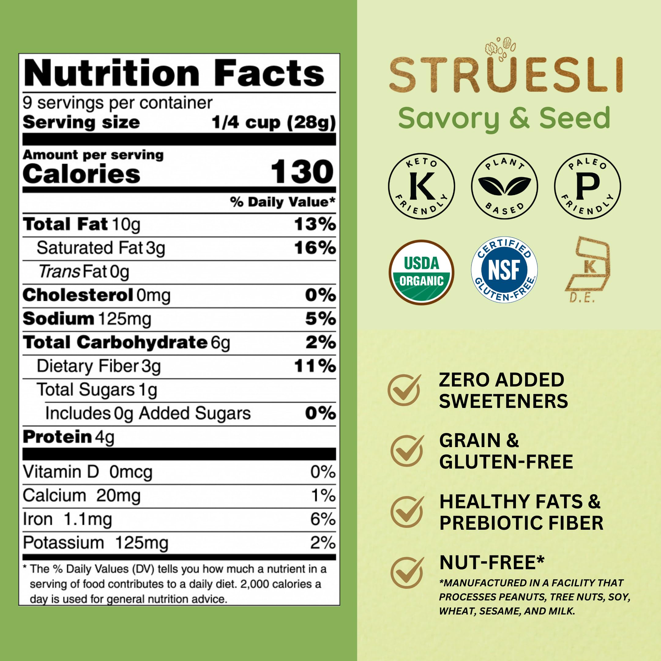 Struesli Savory + Seed Granola tiger-nuts close-up highlighting prebiotic fiber.