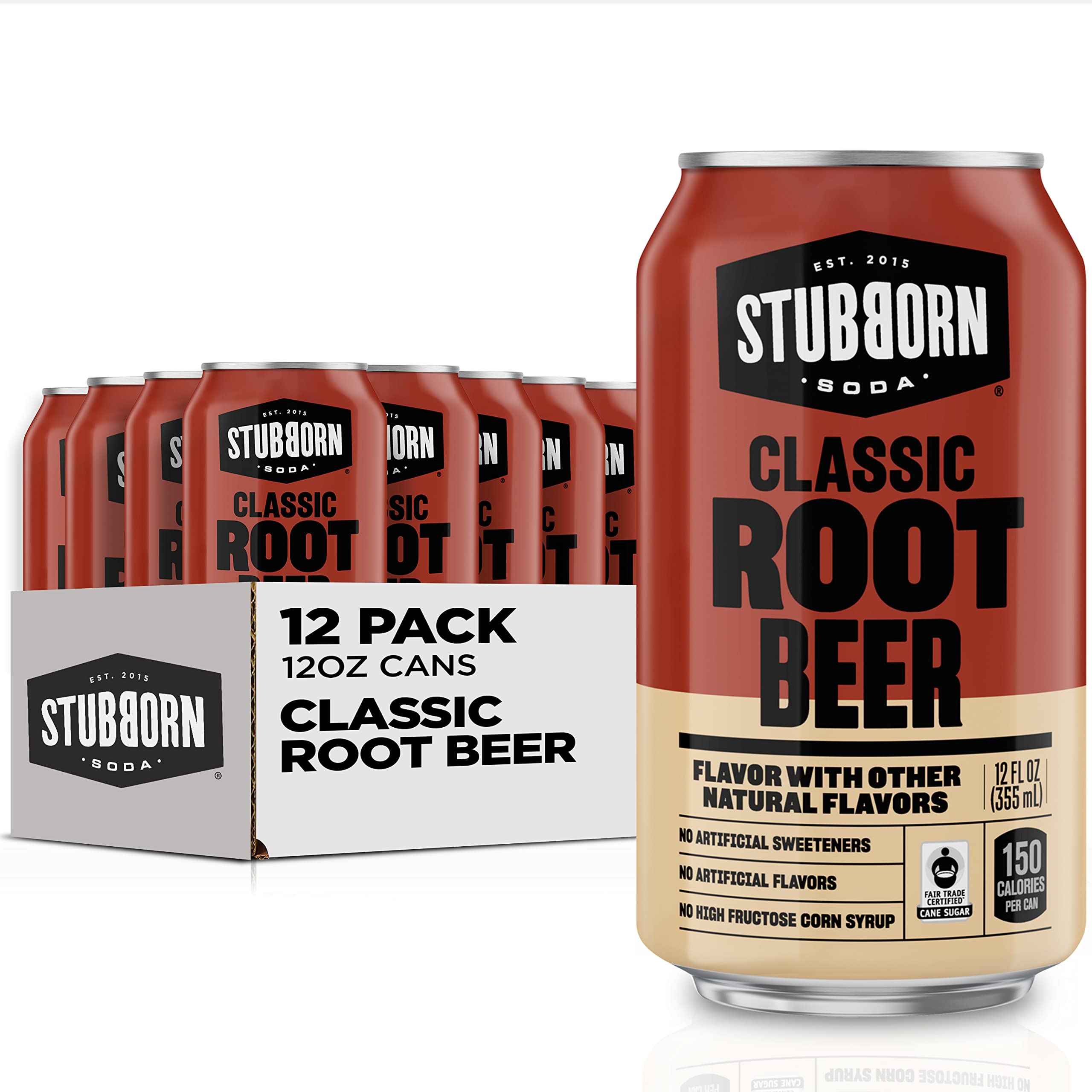 Stubborn Soda Classic Root Beer can with creamy, rich flavor