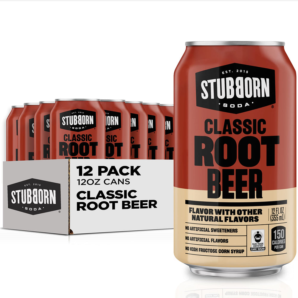 Stubborn Soda Classic Root Beer can with creamy, rich flavor