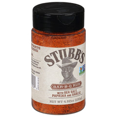 Stubb's BBQ Rub packaging showing sea salt and paprika for authentic flavor.