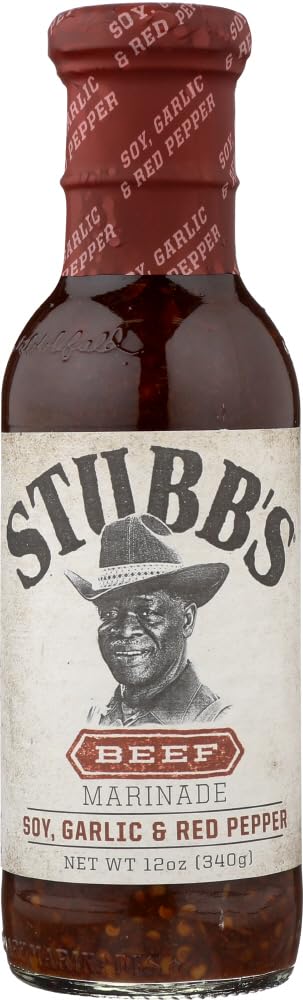 Stubbs Beef Marinade label close-up for bold grilling flavor.