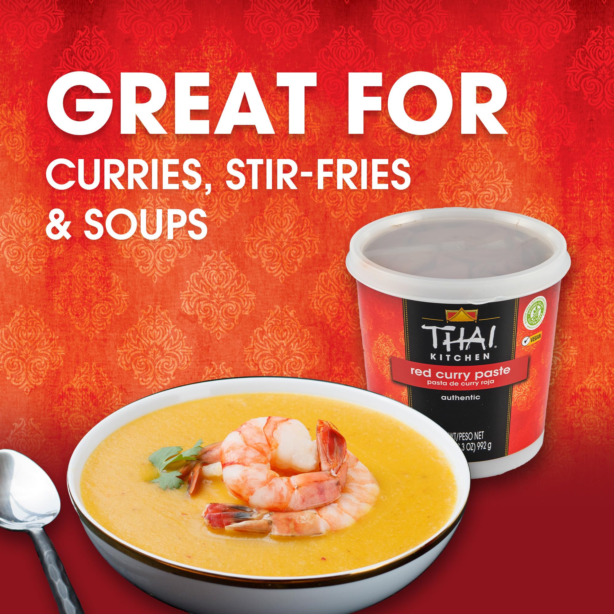Stubbs Thai Kitchen Red Curry Paste over seafood dish.