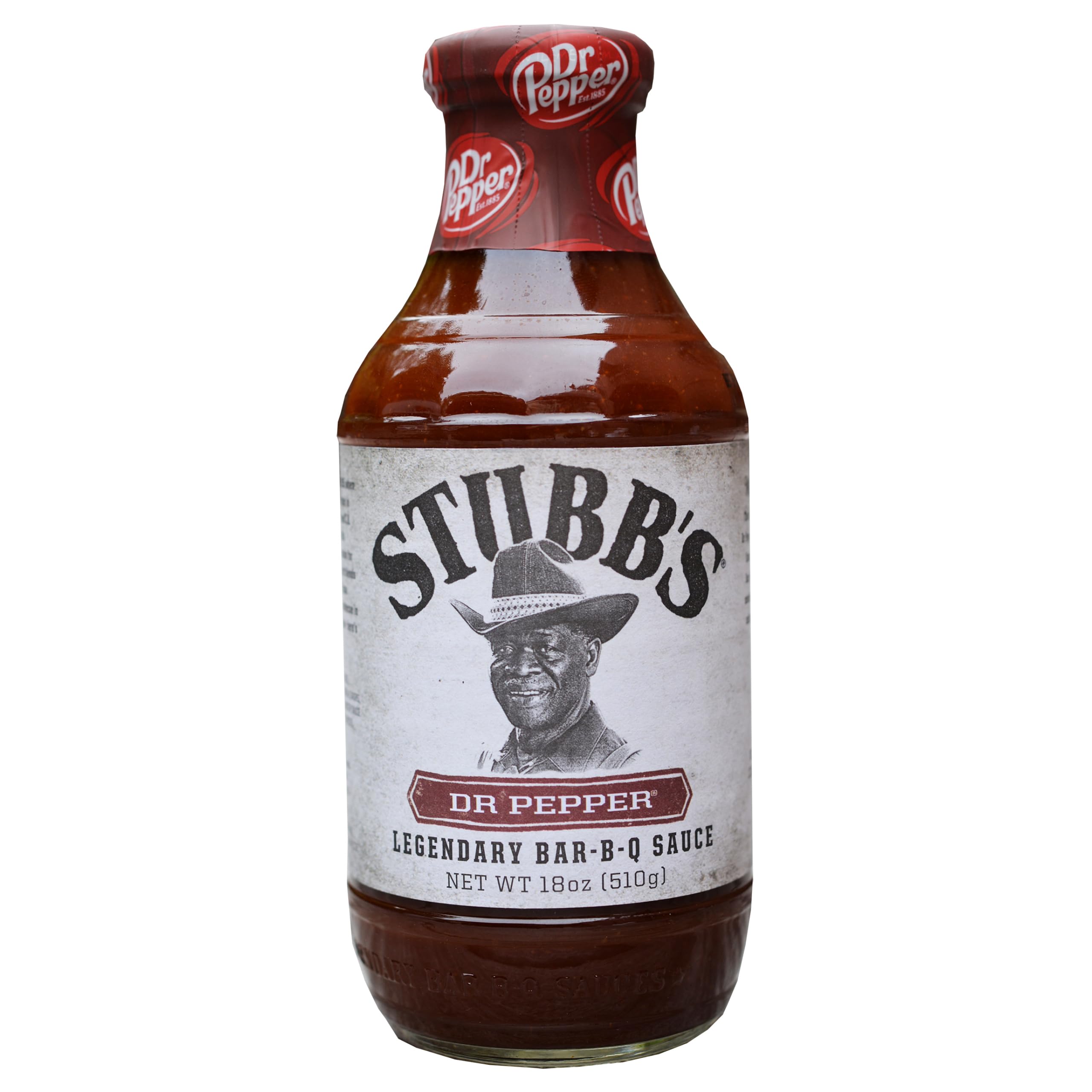 Stubb's BBQ Dr Pepper sauce bottle with bold, smoky flavor for grilling.