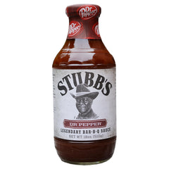 Stubb's BBQ Dr Pepper sauce bottle with bold, smoky flavor for grilling.