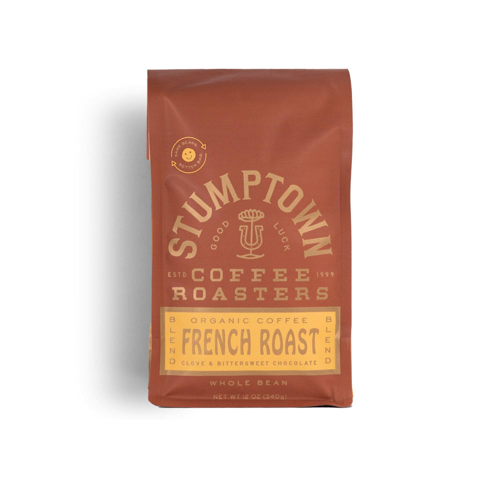 Stumptown French Roast organic whole bean coffee bag for a bold, nuanced dark brew