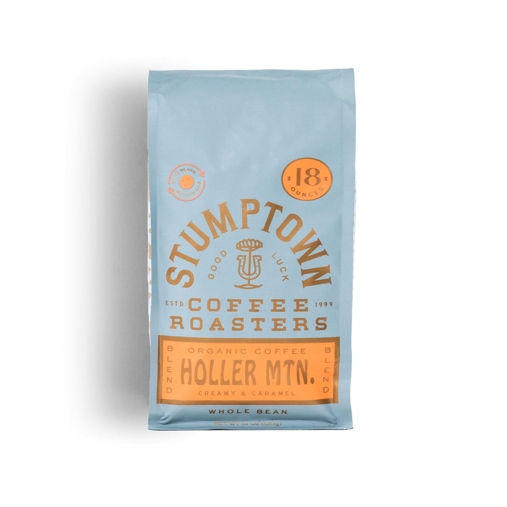 Stumptown Holler Mountain organic coffee bag on the counter, ready to brew.