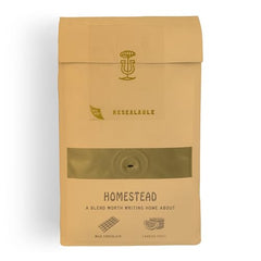 Stumptown Homestead Blend bag back label with origin notes and Direct Trade details.
