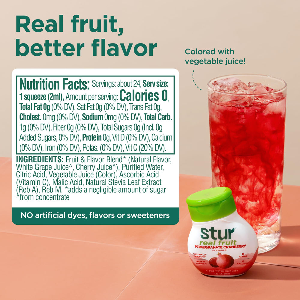 Stur black cherry label close-up shows natural sweetener.