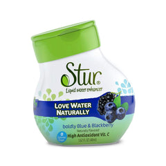 Stur Blue and Blackberry bottle with label highlighting zero calories and vitamin C.