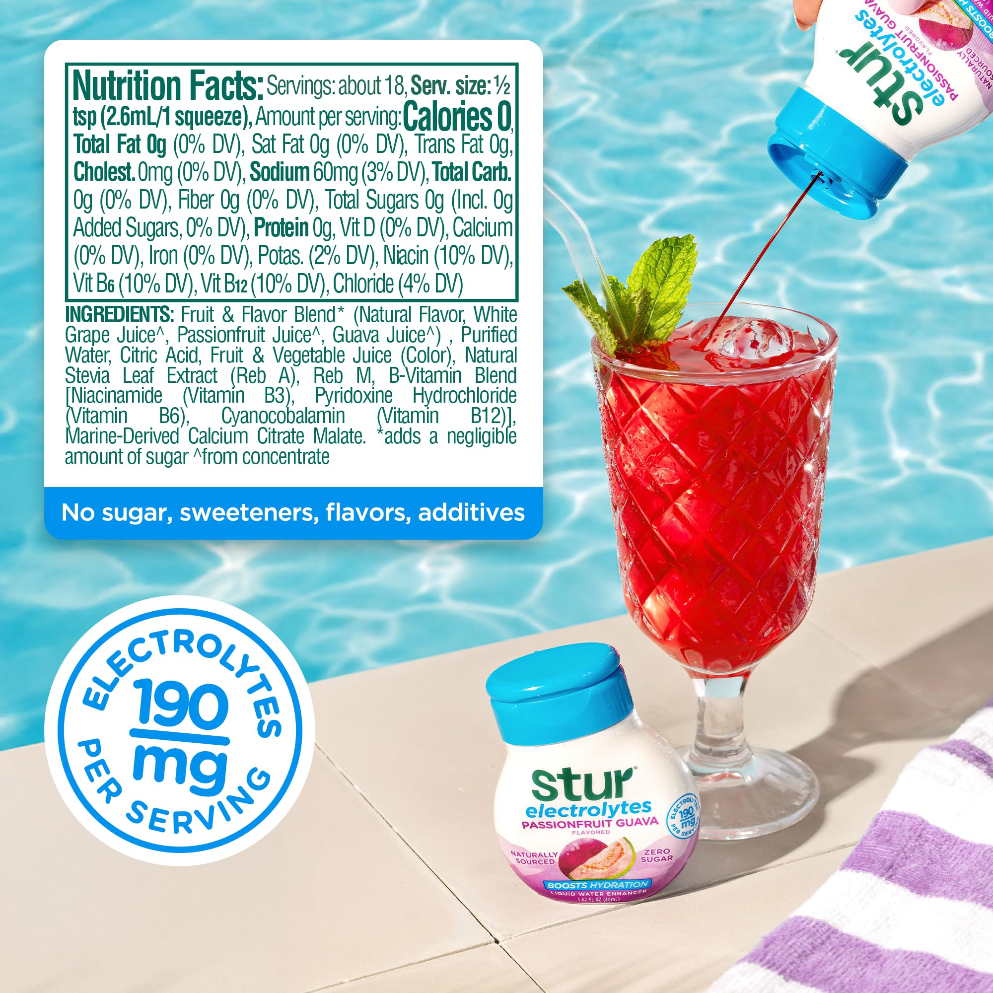 Close-up of Stur label highlighting real fruit flavor in Passionfruit Guava