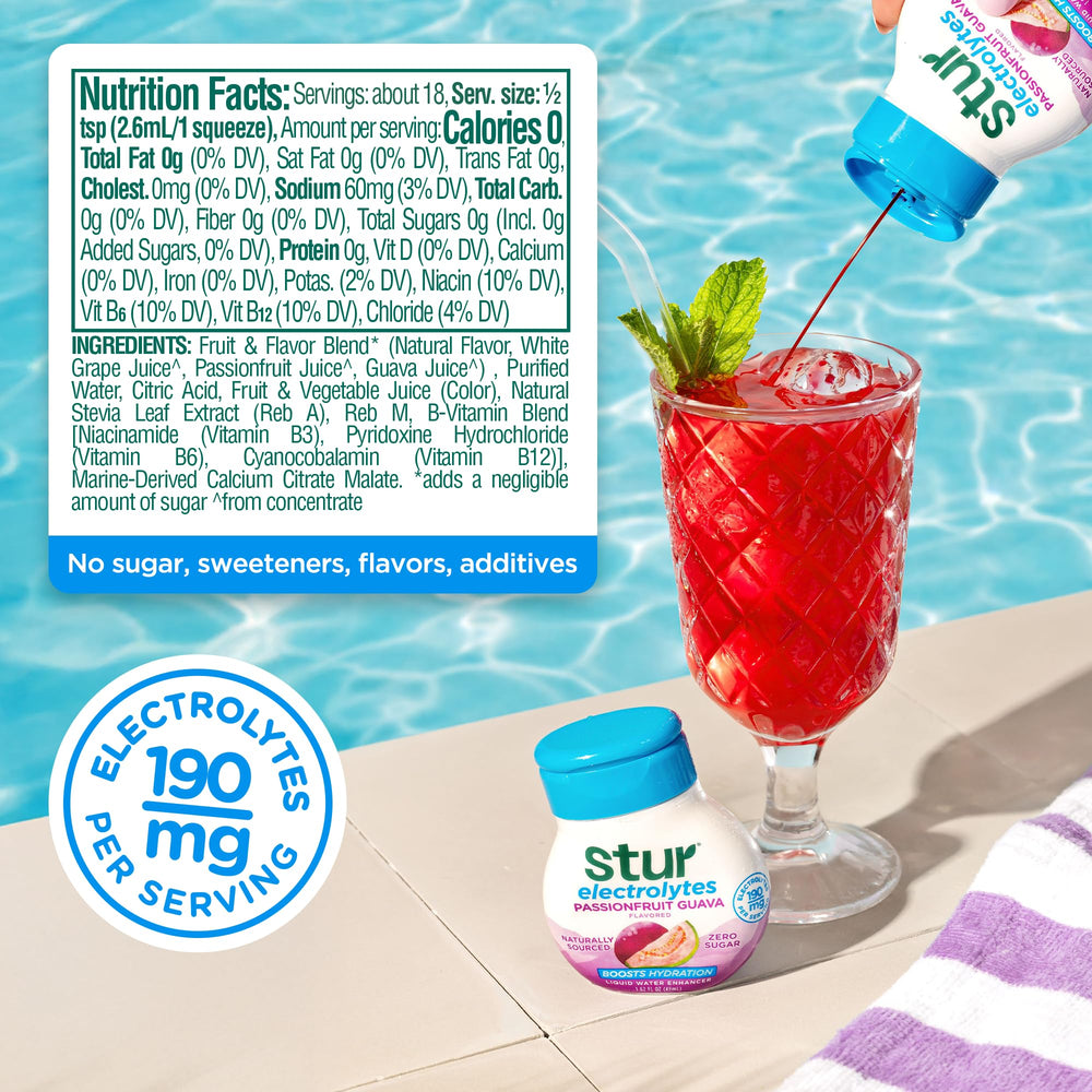 Close-up of Stur label highlighting real fruit flavor in Passionfruit Guava