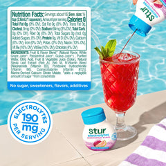 Close-up of Stur label highlighting real fruit flavor in Passionfruit Guava