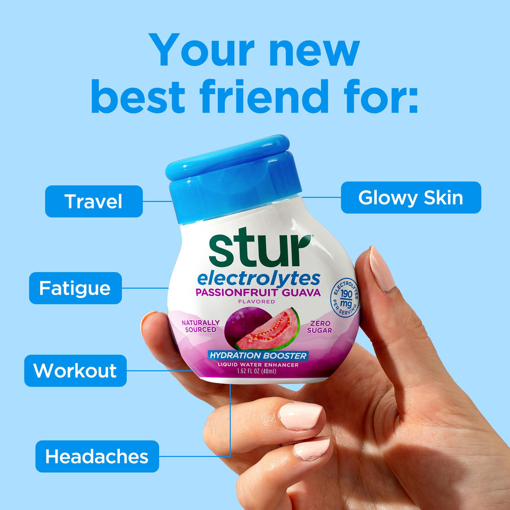 Stur Electrolyte Passionfruit Guava bottle beside a gym bag for active days