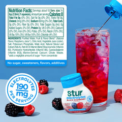 Stur Electrolyte Water Enhancer Black Raspberry label close-up showing real fruit flavor