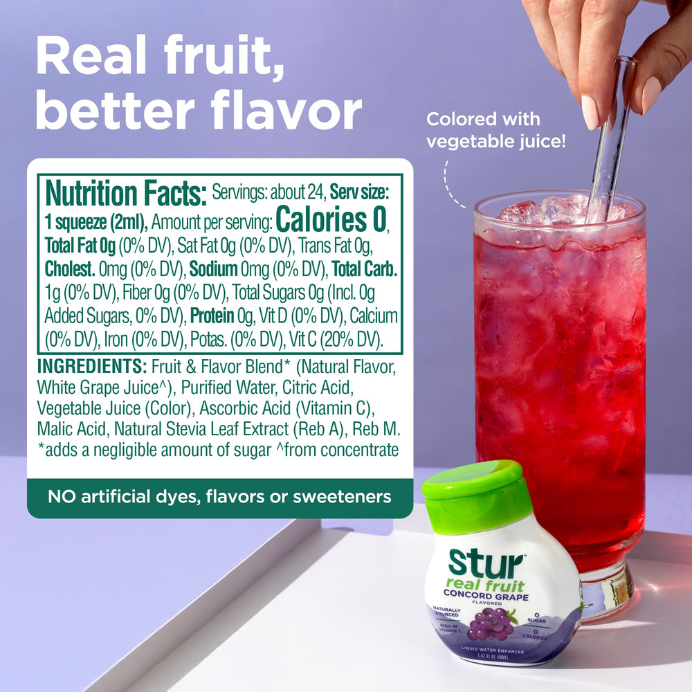 Stur Concord Grape being poured into water showing quick mix and zero calories