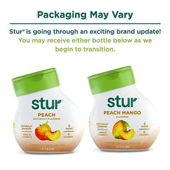 Close-up of Stur Peach Mango label highlighting real fruit extracts