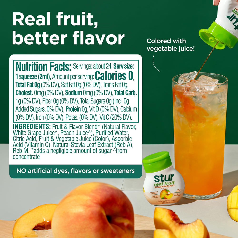 Pouring Stur Peach Mango into a glass for flavored water