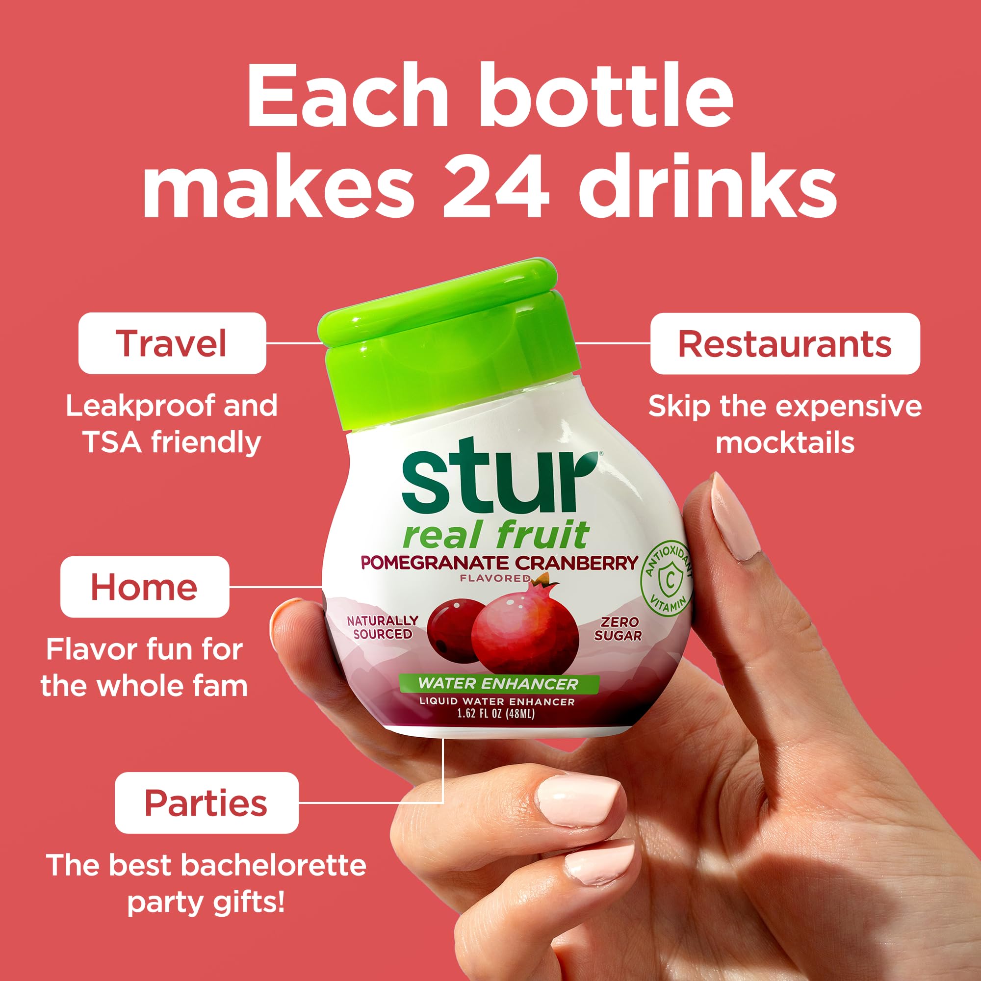 Stur label closeup highlights real fruit extracts and natural sweetness