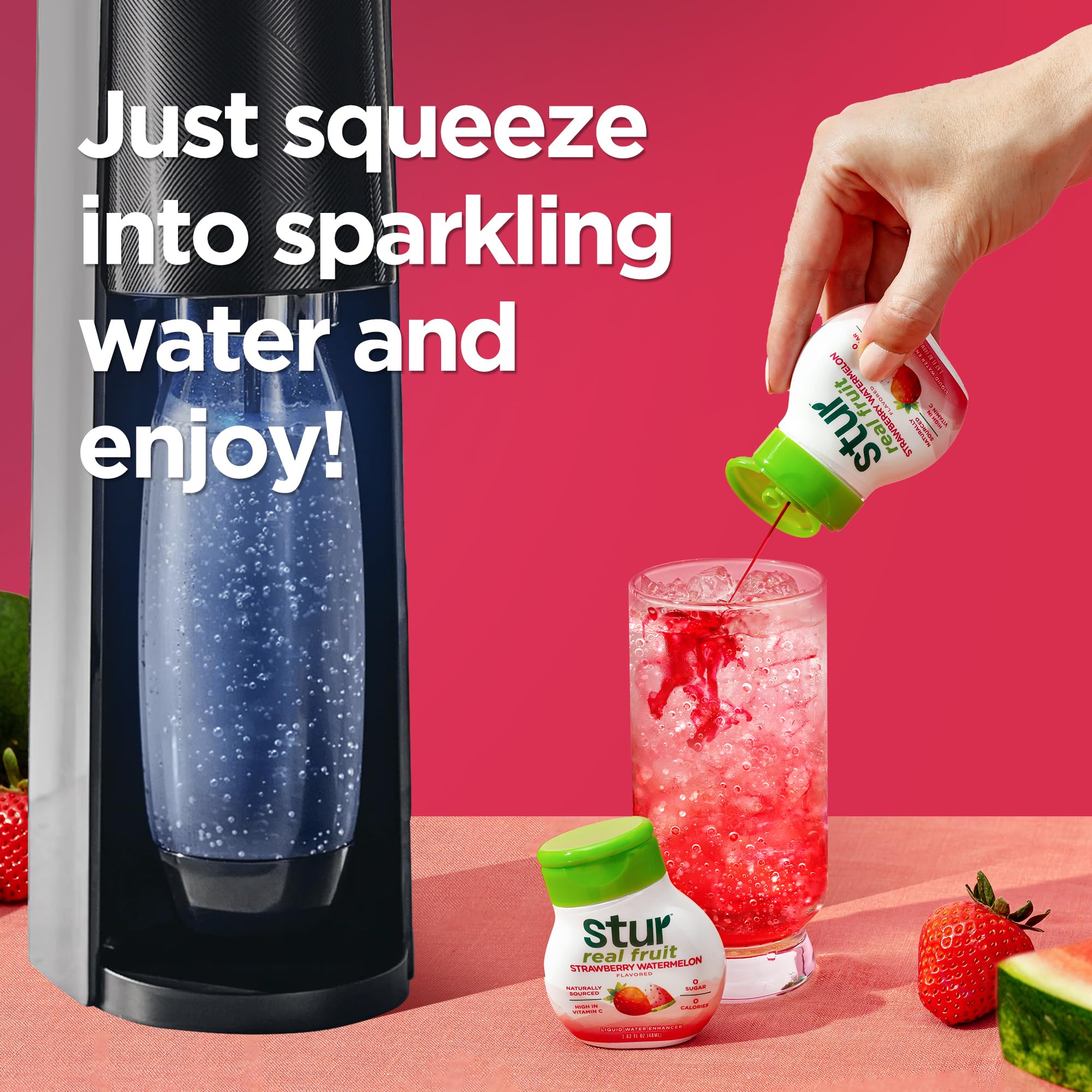 Stur Soda Machine pour drink demonstrates quick, convenient flavoring in water.