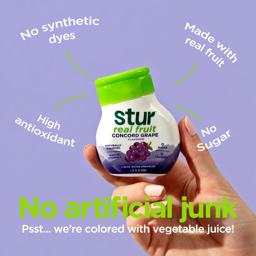 Stur zero calorie logo emphasizes sugar-free hydration without added sugar.