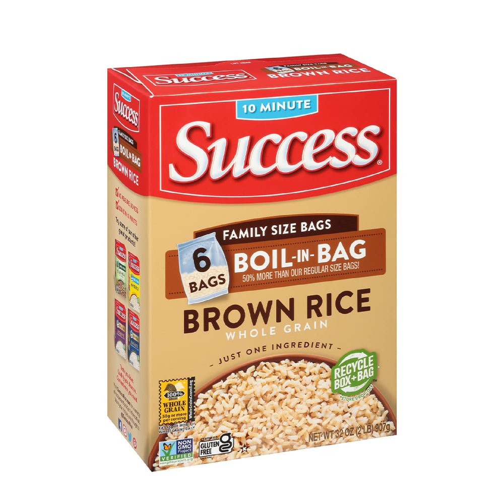 Success Boil-in-Bag Brown Rice packaging for quick, mess-free meals.