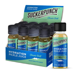 Suckerpunch electrolyte pickle shot bottle ready for workouts and hydration.