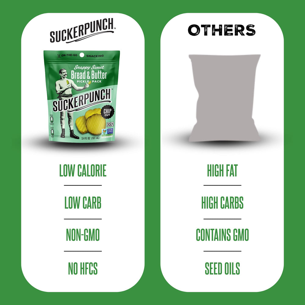 SuckerPunch bread-n-butter dill pickles chip-cut, sugar-free and low-calorie snack option