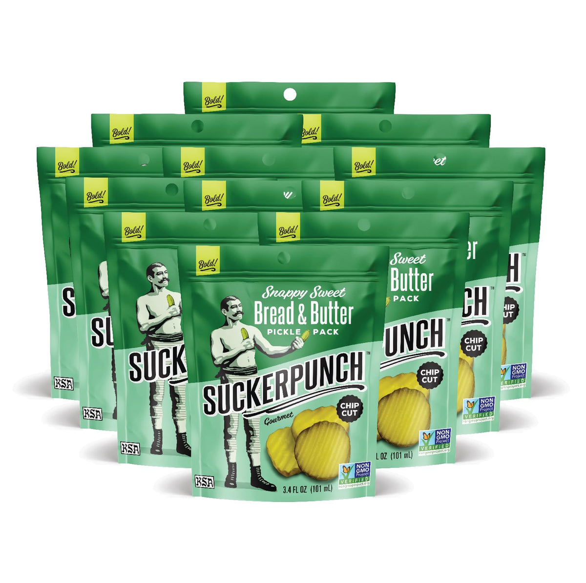 SuckerPunch Snappy Sweet bread-n-butter dill pickles chip-cut front view, ideal on-the-go snack