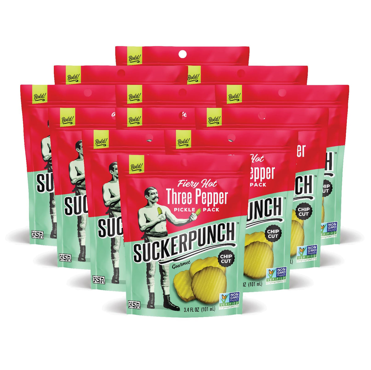 Suckerpunch Three Pepper Pickle Chips Pack shows bold flavor in a ready-to-eat pouch.