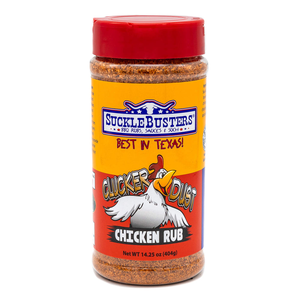 SuckleBusters Clucker Dust bottle front shows chipotle flavor for chicken