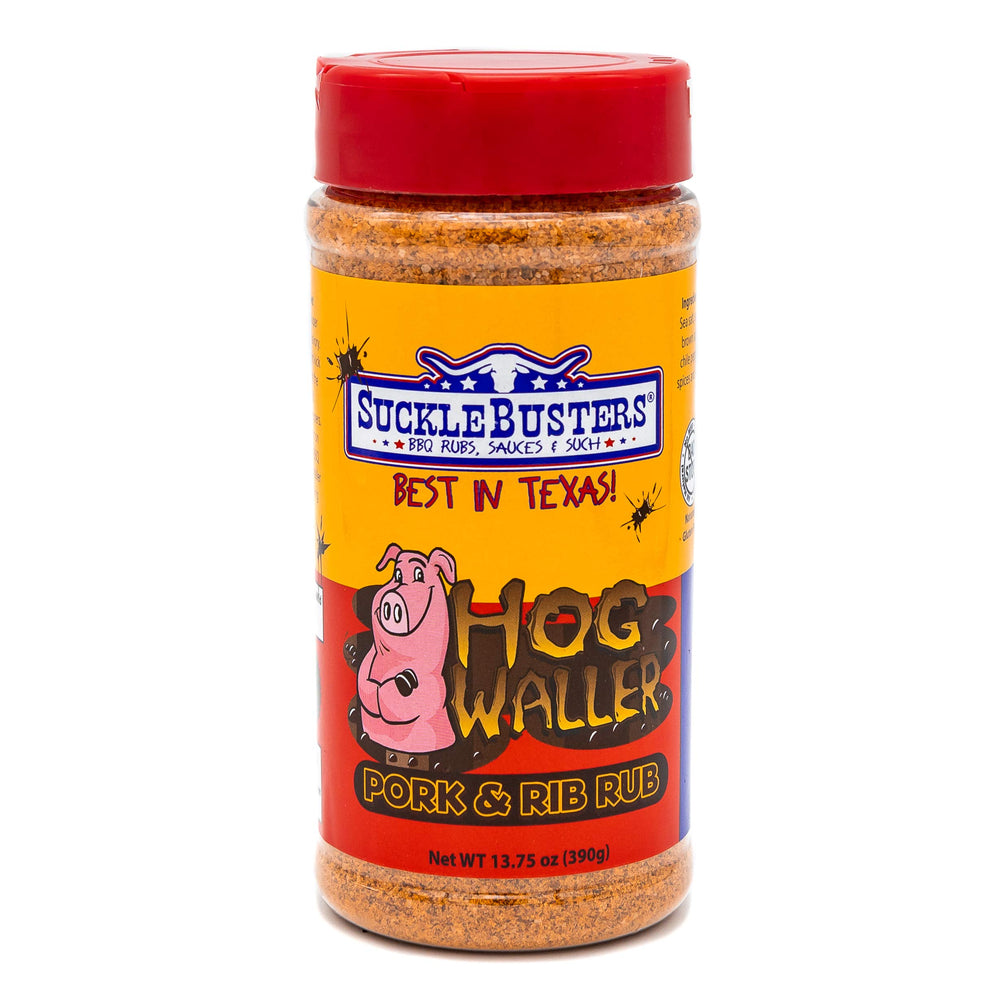 SuckleBusters Hog Waller jar ready to season pork ribs, savory and balanced flavor