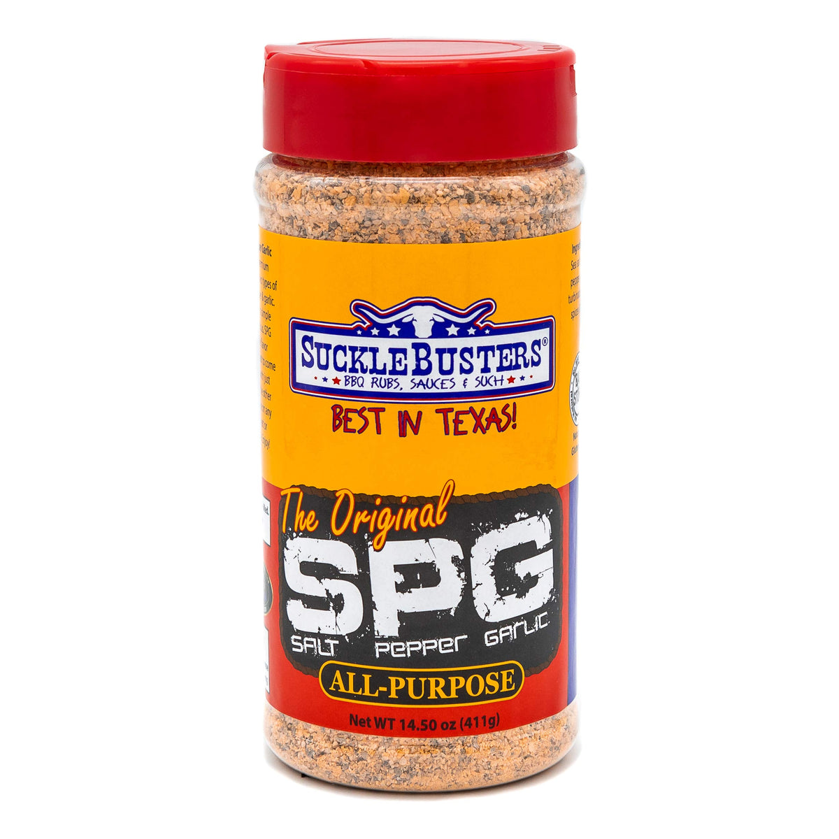 SuckleBusters Salt Pepper Garlic SPG rub bottle front; gluten-free and no MSG.