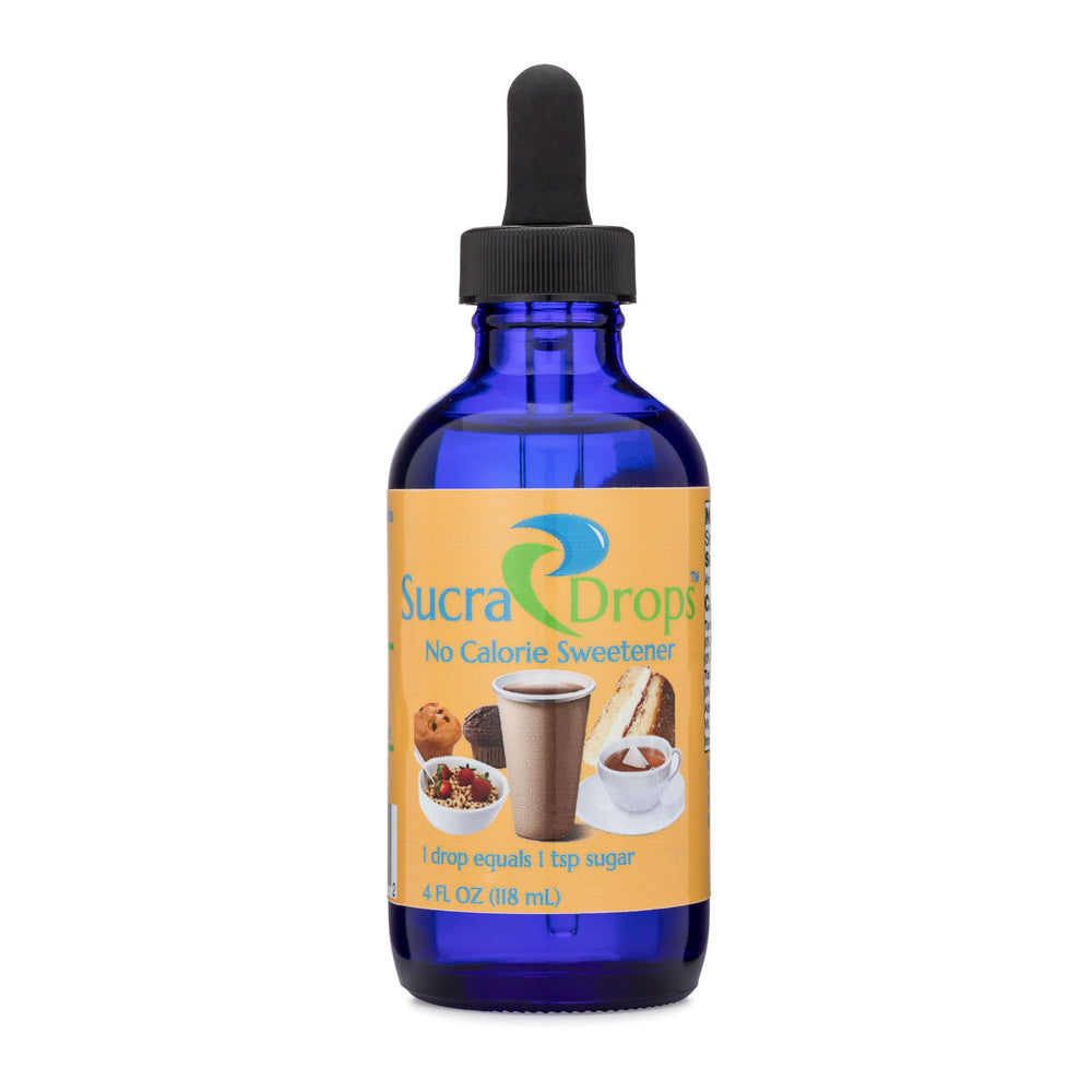 SucraDrops bottle with dropper pour for precise sweetness in beverages.