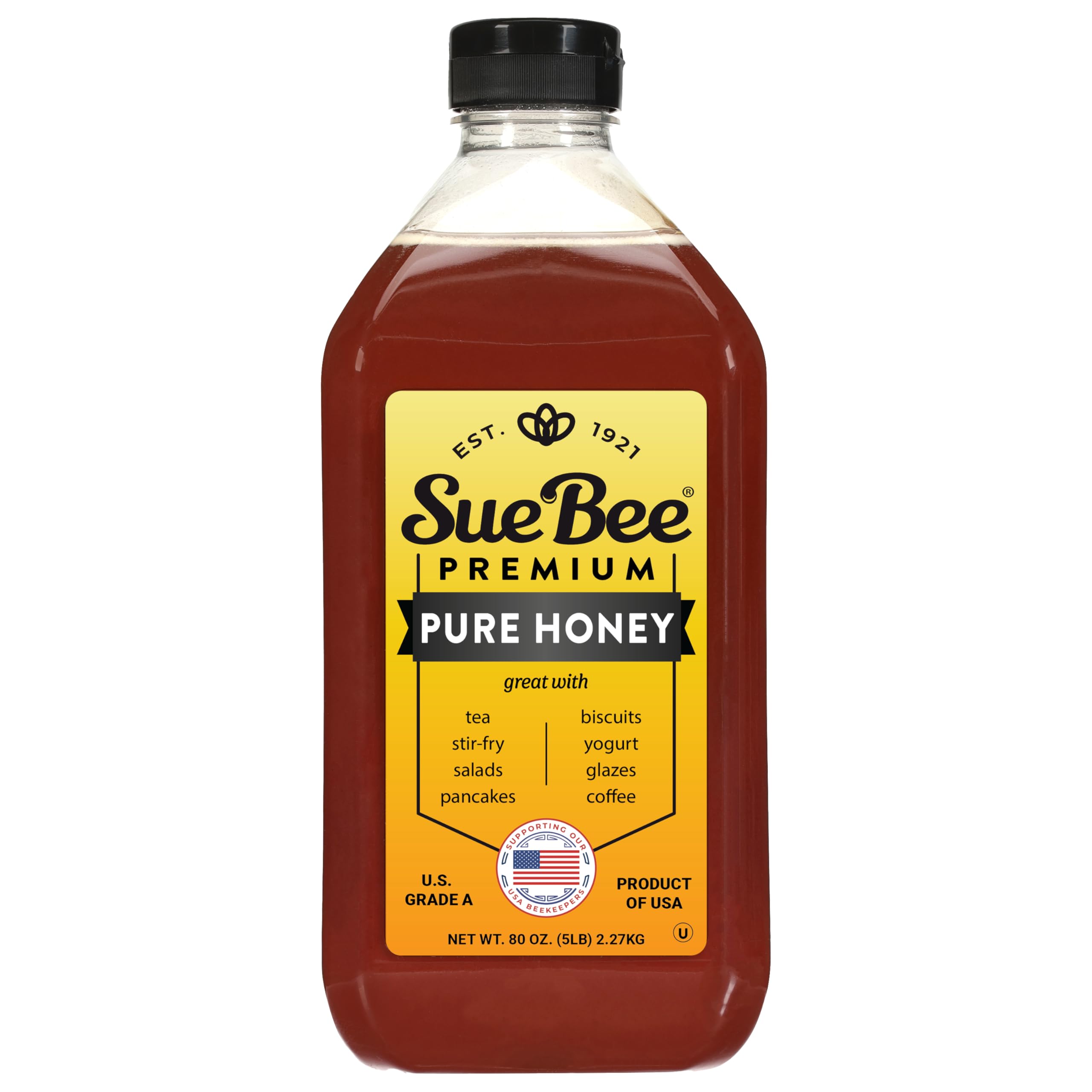 Sue Bee honey bottle pour shows easy drizzle for tea and toast.