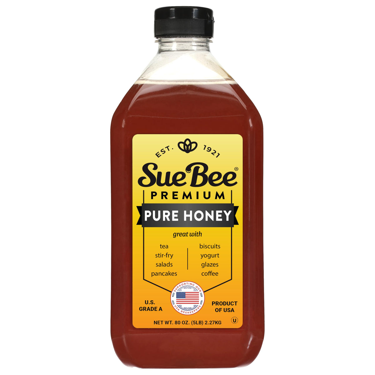 Sue Bee honey bottle pour shows easy drizzle for tea and toast.