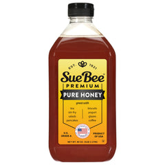 Sue Bee honey bottle pour shows easy drizzle for tea and toast.